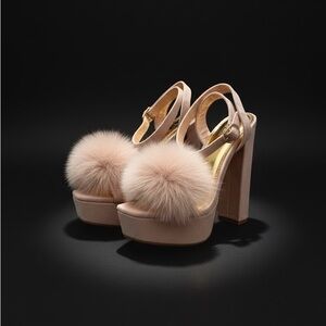 Liliana Selina-1 Nude Pink Pom Pom Platform 5” Block Heels Bratz Y2K Shoes 6.5